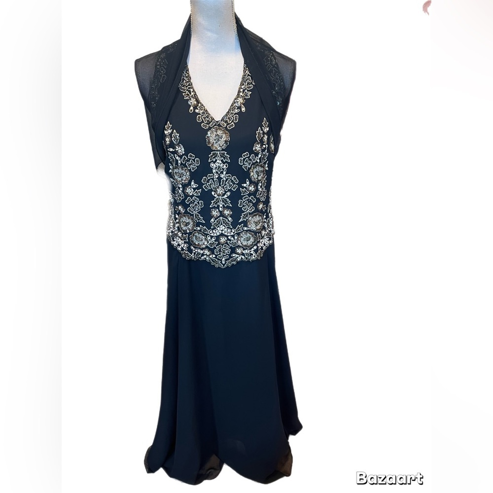JKARA Elegant Navy Blue Color  Sleeveless Evening Gown Size 6 With Scarf - Picture 7 of 8